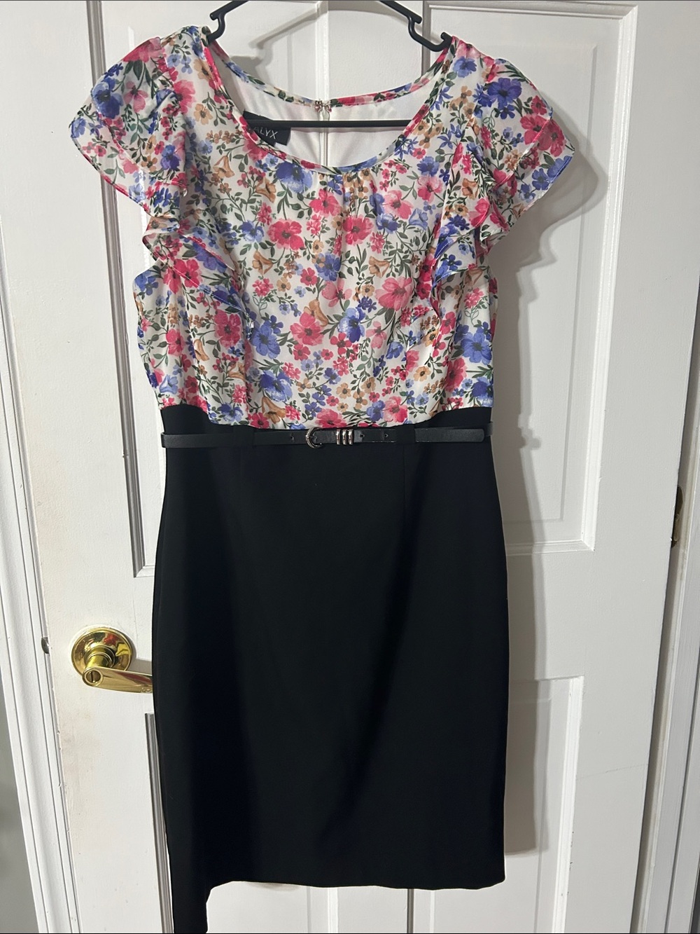 Alyx Floral Pink Blue Purple Cap-Sleeve Sheath Dress with Black Skirt